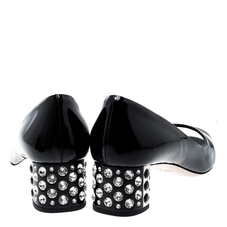 Pre Owned Miu Miu Black Patent Leather Crystal Block Heel Open Toe Pumps Size 37.5