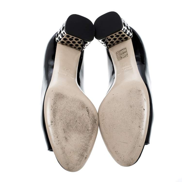 Pre Owned Miu Miu Black Patent Leather Crystal Block Heel Open Toe Pumps Size 37.5