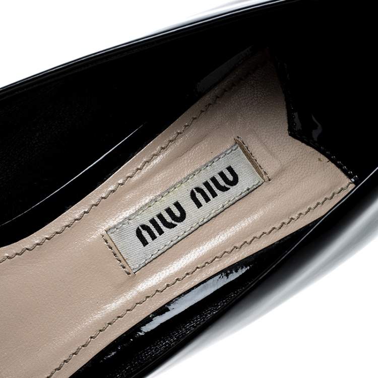Pre Owned Miu Miu Black Patent Leather Crystal Block Heel Open Toe Pumps Size 37.5