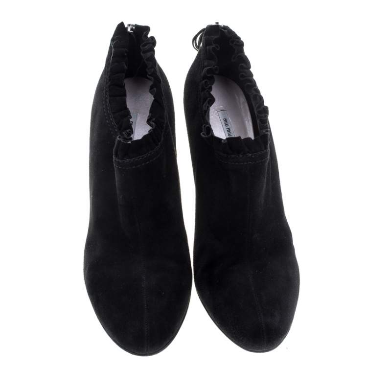 Pre Owned Miu Miu Black Suede Pleated Trim Ankle Boots Size 41