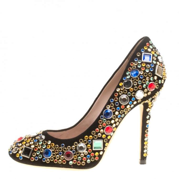 Pre Owned Miu Miu Black Suede Donna Multicolor Crystal Embellished Pumps Size 37