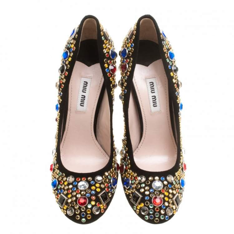 Pre Owned Miu Miu Black Suede Donna Multicolor Crystal Embellished Pumps Size 37