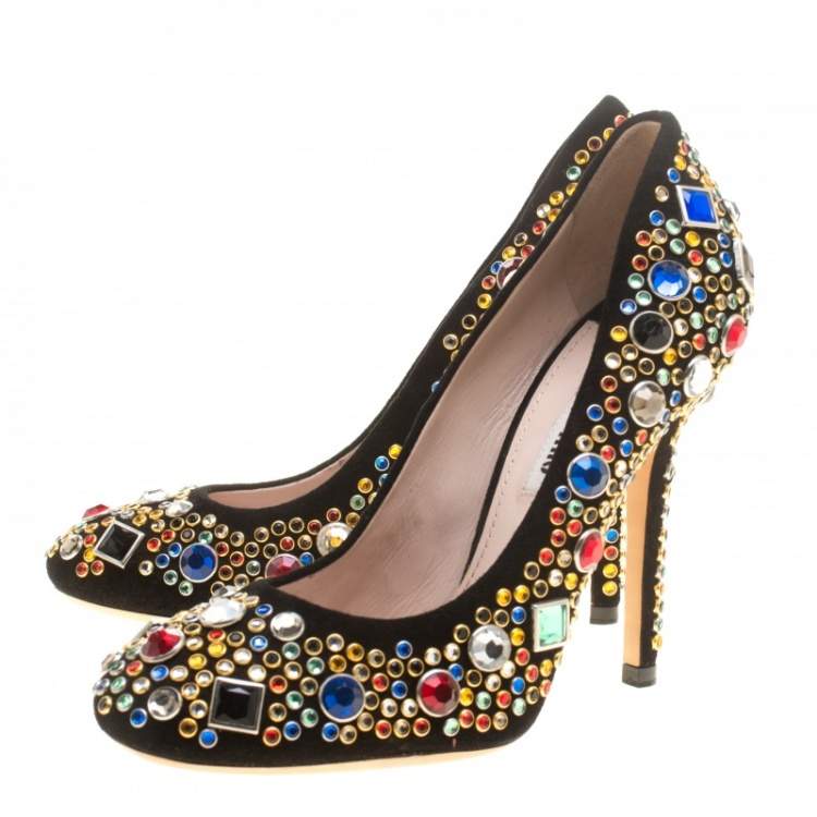 Pre Owned Miu Miu Black Suede Donna Multicolor Crystal Embellished Pumps Size 37