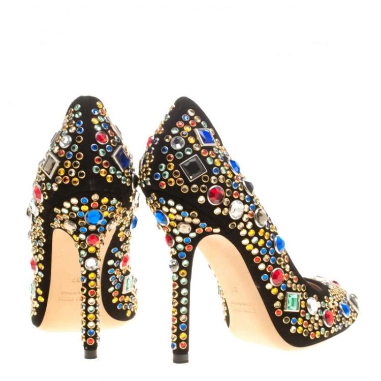 Pre Owned Miu Miu Black Suede Donna Multicolor Crystal Embellished Pumps Size 37