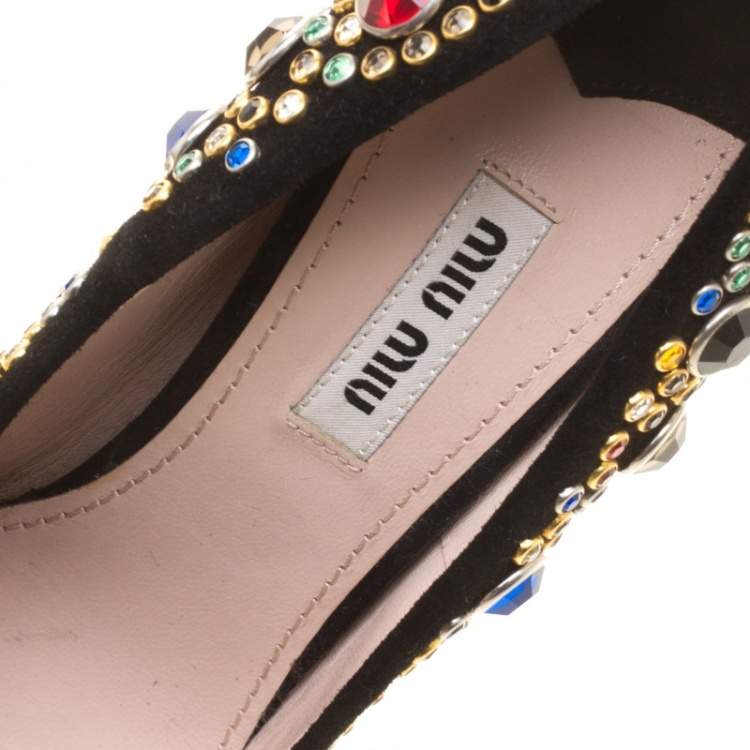 Pre Owned Miu Miu Black Suede Donna Multicolor Crystal Embellished Pumps Size 37