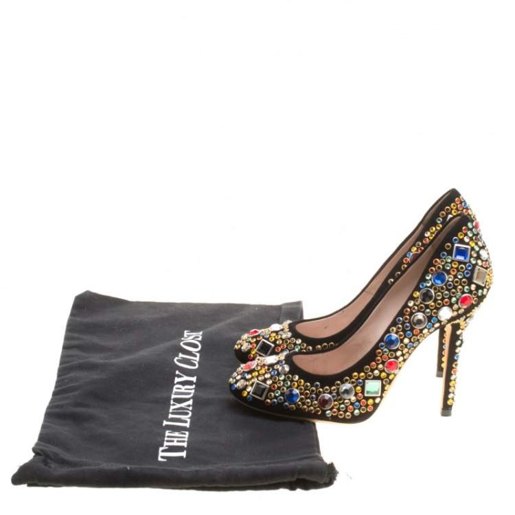 Pre Owned Miu Miu Black Suede Donna Multicolor Crystal Embellished Pumps Size 37