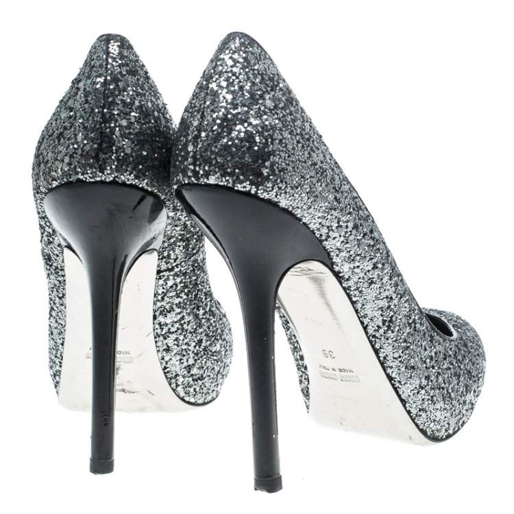 Pre Owned Miu Miu Metallic Silver Coarse Glitter Platform Pumps Size 39