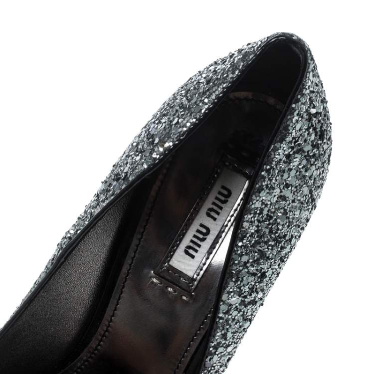 Pre Owned Miu Miu Metallic Silver Coarse Glitter Platform Pumps Size 39