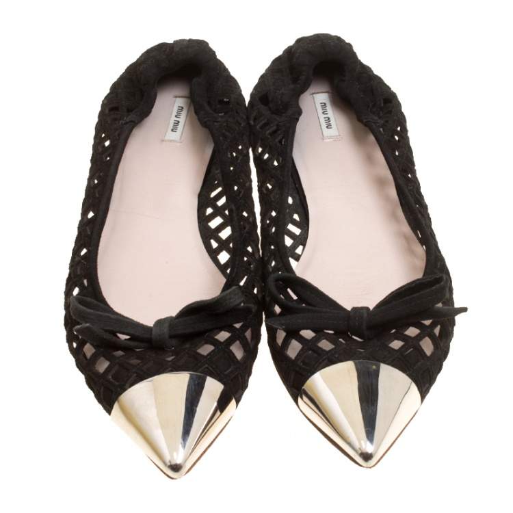 Pre Owned Miu Miu Black Laser Cut Suede Metal Cap Toe Ballet Flats Size 37.5