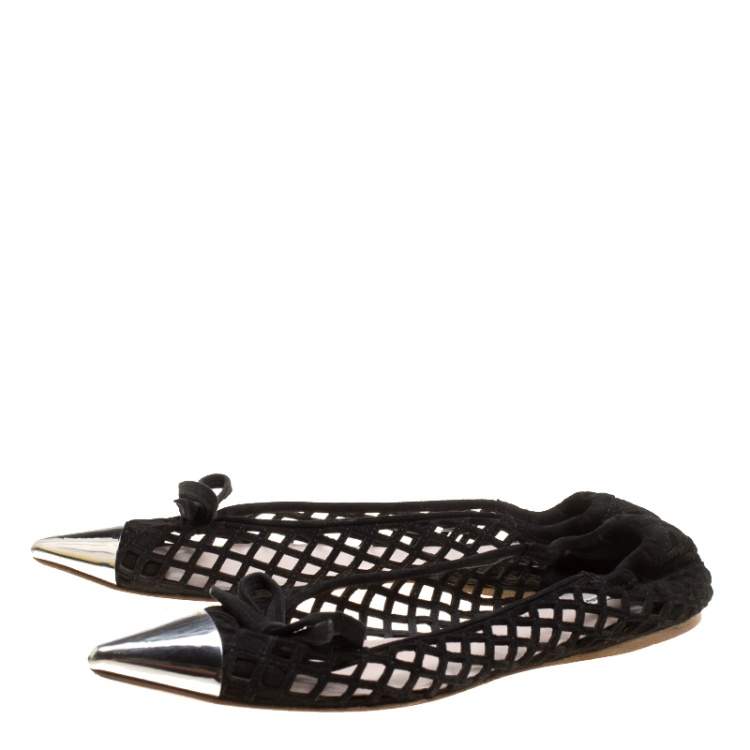 Pre Owned Miu Miu Black Laser Cut Suede Metal Cap Toe Ballet Flats Size 37.5