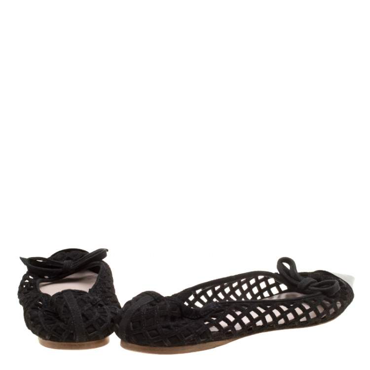 Pre Owned Miu Miu Black Laser Cut Suede Metal Cap Toe Ballet Flats Size 37.5