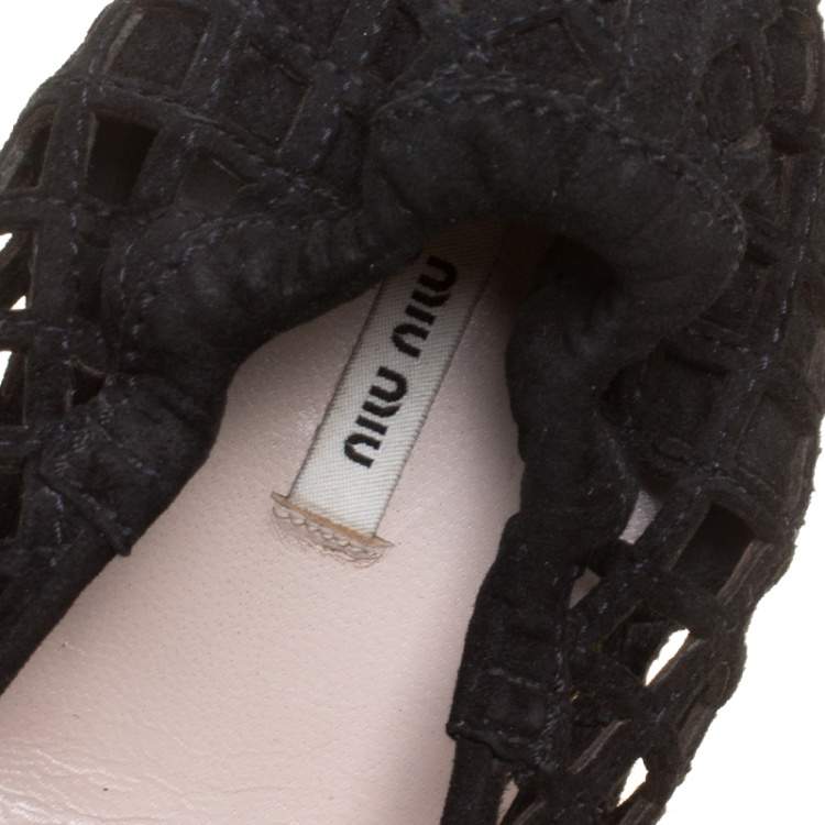 Pre Owned Miu Miu Black Laser Cut Suede Metal Cap Toe Ballet Flats Size 37.5