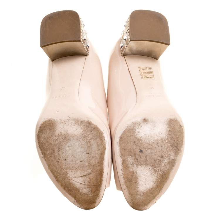 Pre Owned Miu Miu Beige Patent Leather Crystal Embellished Block Heel Peep Toe Pumps Size 40