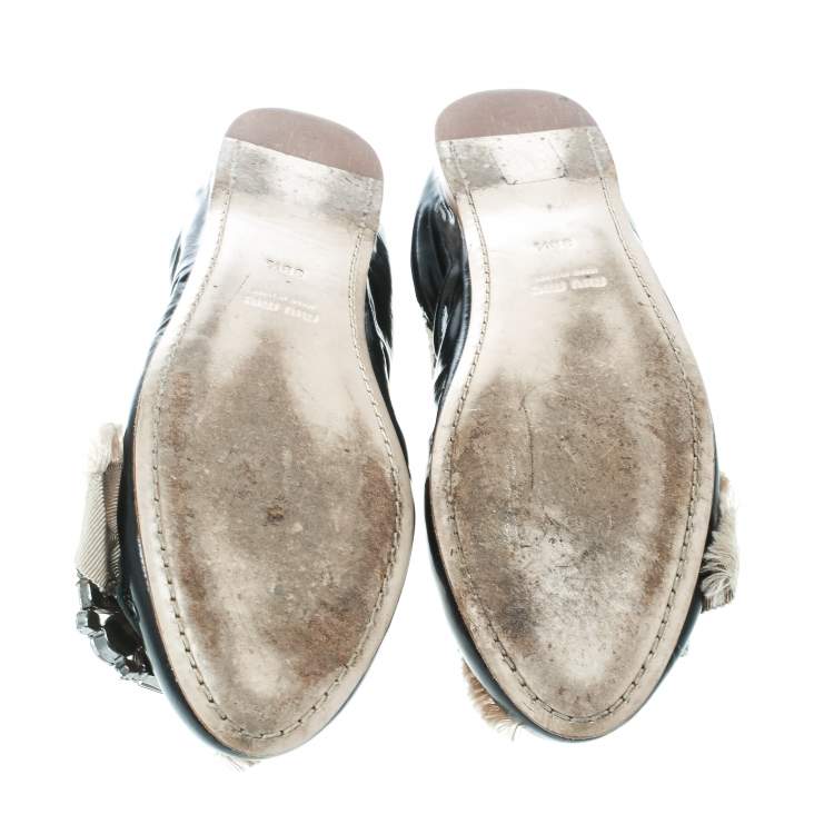 Pre Owned Miu Miu Black/Beige Patent Leather Crystal Embellished Scrunch Ballet Flats Size 38.5