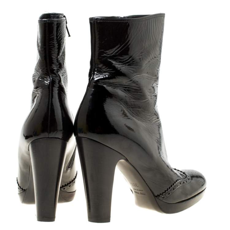 Pre Owned Miu Miu Black Patent Leather Brogue Ankle Boots Size 36.5