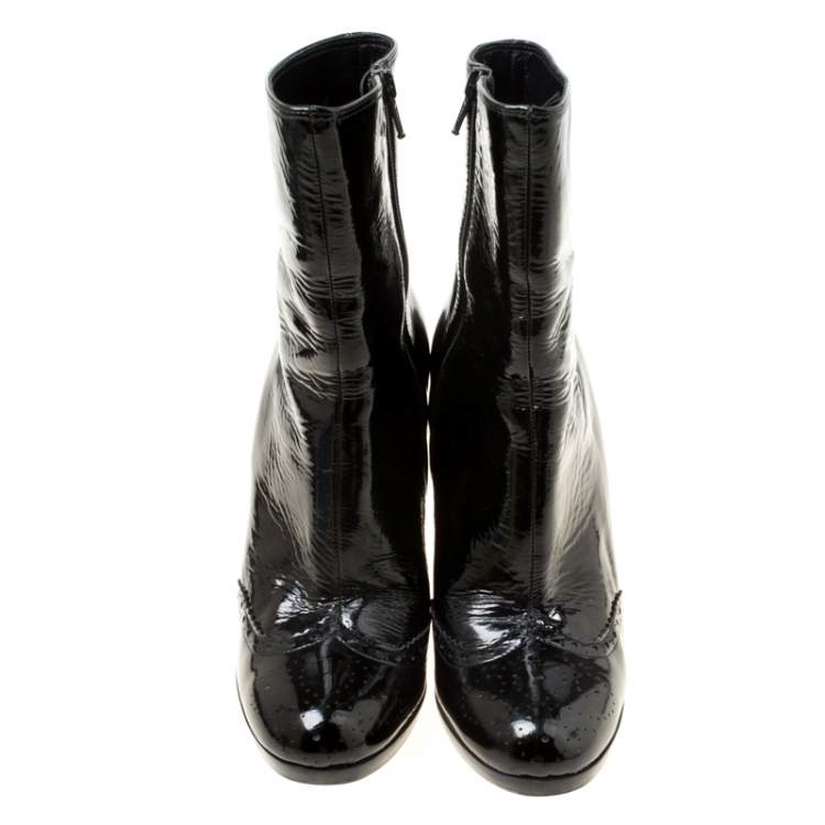 Pre Owned Miu Miu Black Patent Leather Brogue Ankle Boots Size 36.5