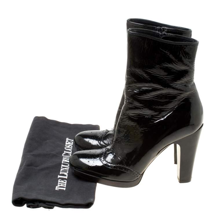 Pre Owned Miu Miu Black Patent Leather Brogue Ankle Boots Size 36.5
