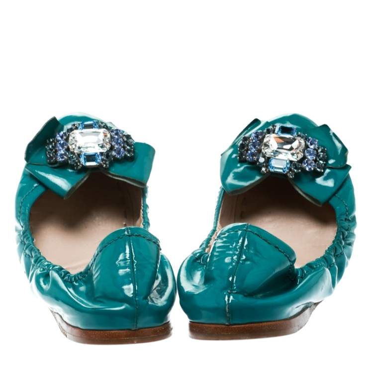 Pre Owned Miu Miu Blue Patent Leather Jeweled Ballet Flats Size 40