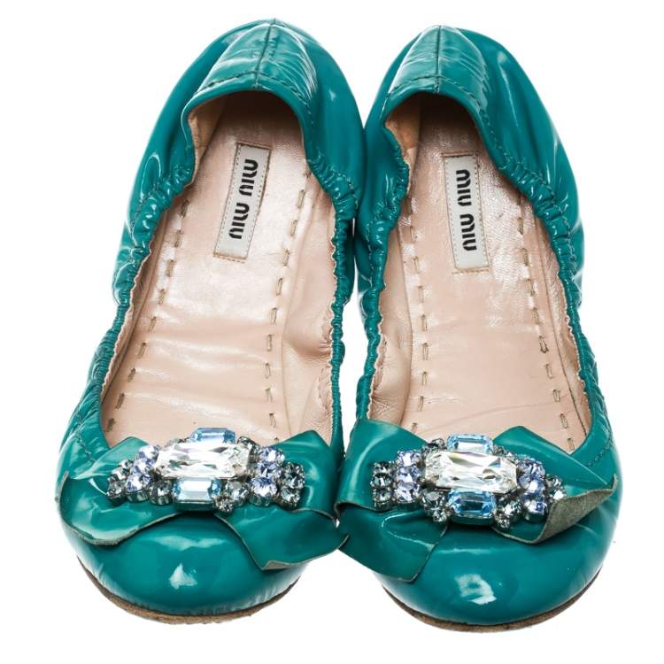 Pre Owned Miu Miu Blue Patent Leather Jeweled Ballet Flats Size 40