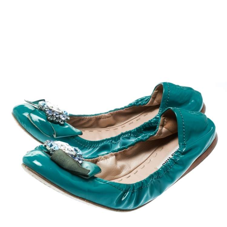 Pre Owned Miu Miu Blue Patent Leather Jeweled Ballet Flats Size 40