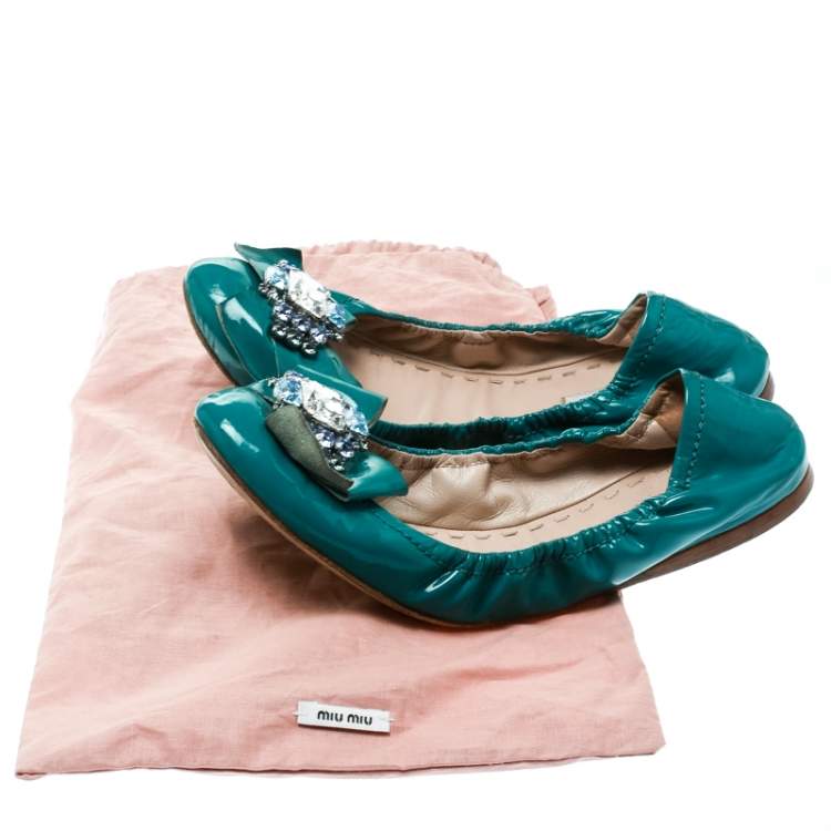 Pre Owned Miu Miu Blue Patent Leather Jeweled Ballet Flats Size 40