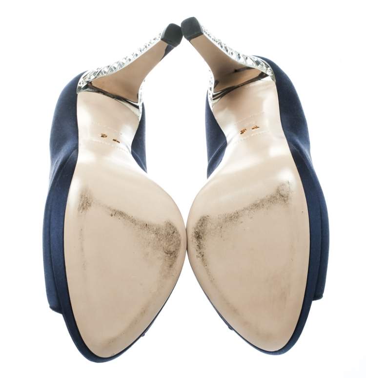 Pre Owned Miu Miu Blue Satin Crystal Embellished Heel Peep Toe Platform Pumps Size 39