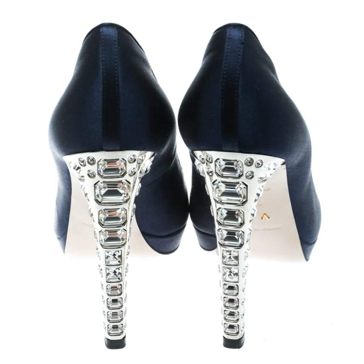 Pre Owned Miu Miu Blue Satin Crystal Embellished Heel Peep Toe Platform Pumps Size 39