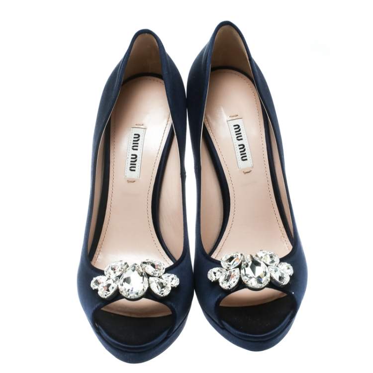 Pre Owned Miu Miu Blue Satin Crystal Embellished Heel Peep Toe Platform Pumps Size 39