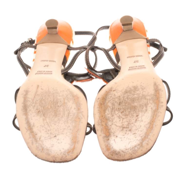 Pre Owned Miu Miu Multicolor Leather Ankle Strap Flat Sandals Size 37