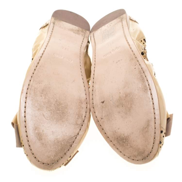 Pre Owned Miu Miu Beige Brogue Leather Scrunch Bow Ballet Flats Size 37.5