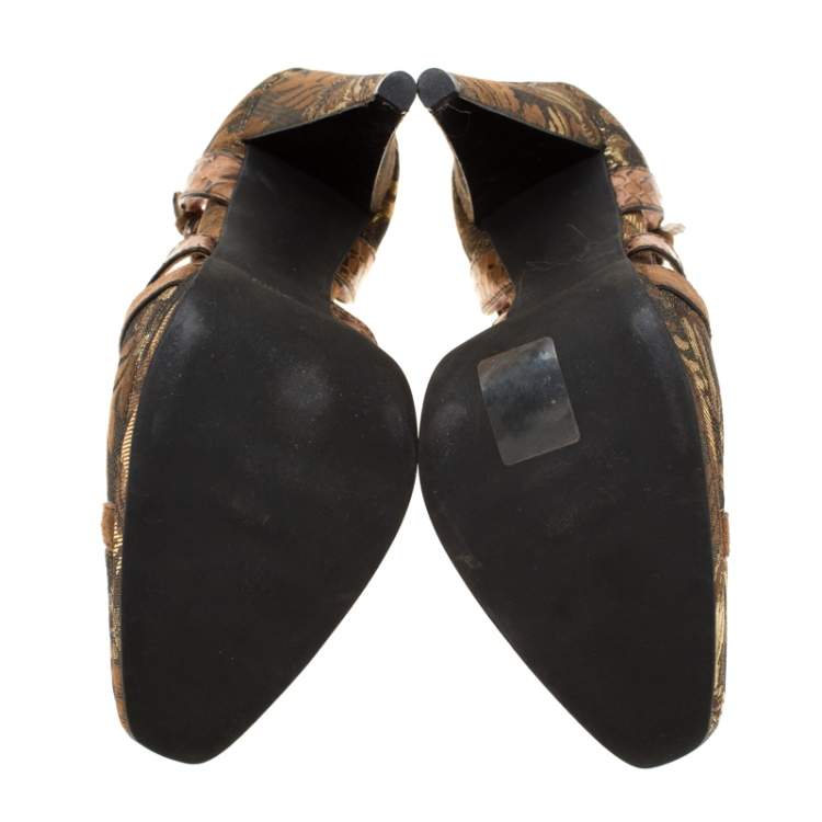 Pre Owned Miu Miu Metalllic Brown Brocade Fabric And Leather Trim Ankle Strap Platform Sandals Size 39