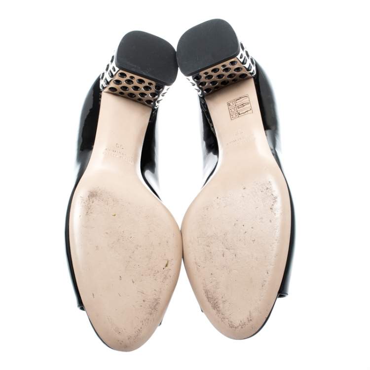 Pre Owned Miu Miu Black Patent Leather Crystal Embellished Heel Peep Toe Pumps 39