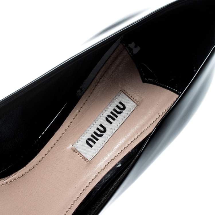 Pre Owned Miu Miu Black Patent Leather Crystal Embellished Heel Peep Toe Pumps 39