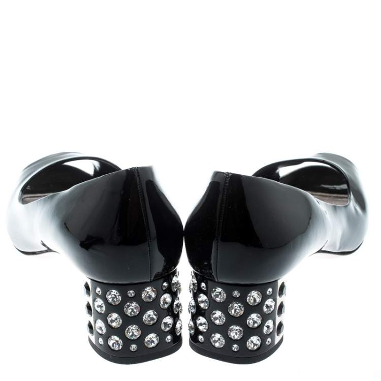 Pre Owned Miu Miu Black Patent Leather Crystal Embellished Heel Peep Toe Pumps 39