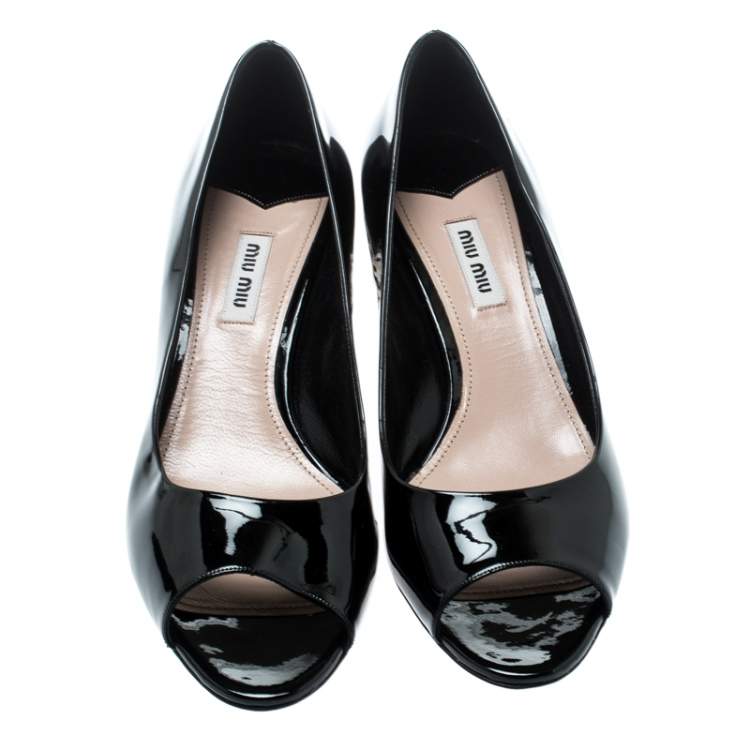 Pre Owned Miu Miu Black Patent Leather Crystal Embellished Heel Peep Toe Pumps 39