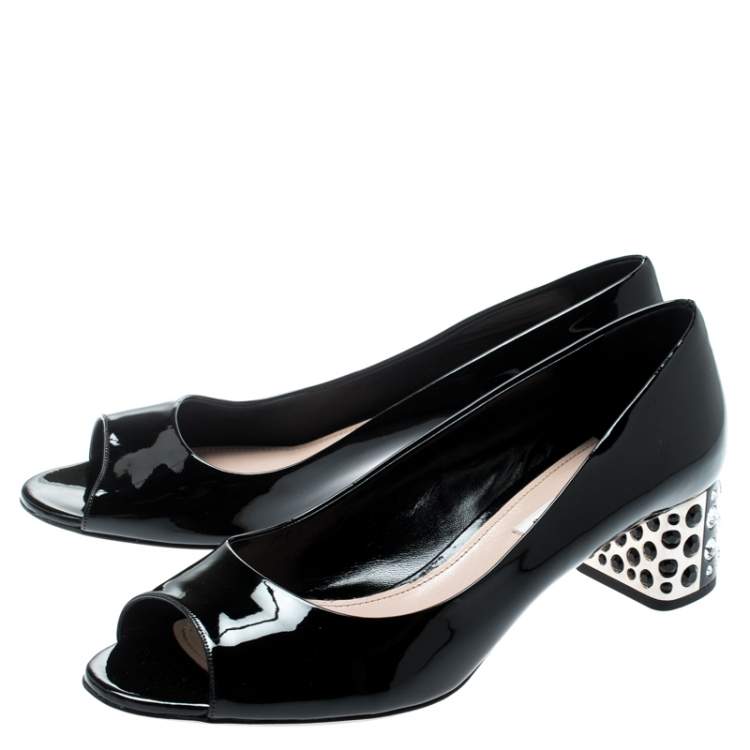 Pre Owned Miu Miu Black Patent Leather Crystal Embellished Heel Peep Toe Pumps 39