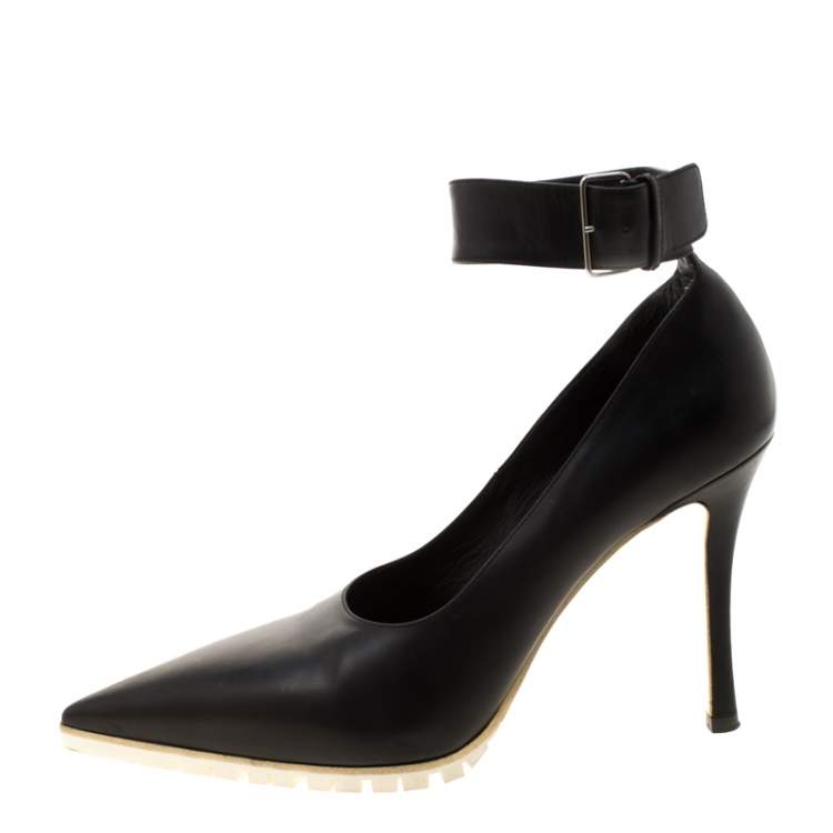 Pre Owned Miu Miu Black Leather Ankle Strap Pointed Toe Pumps Size 39