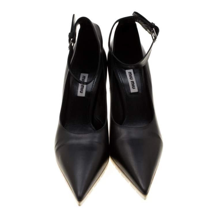 Pre Owned Miu Miu Black Leather Ankle Strap Pointed Toe Pumps Size 39