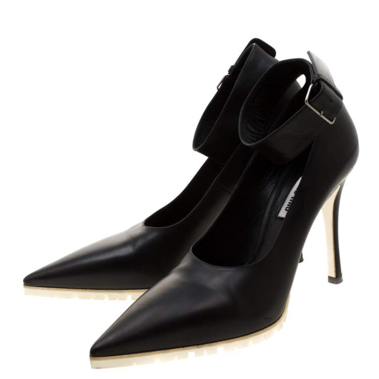 Pre Owned Miu Miu Black Leather Ankle Strap Pointed Toe Pumps Size 39