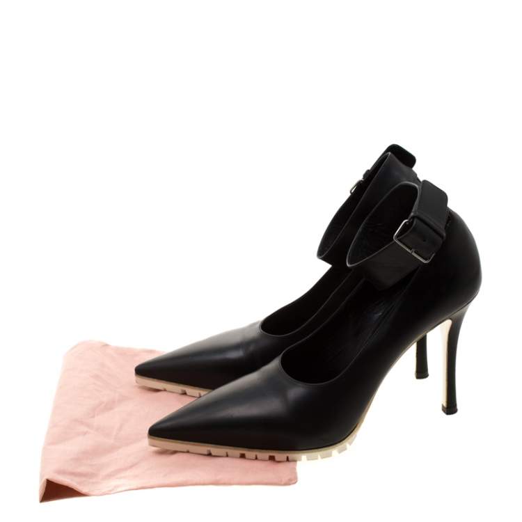 Pre Owned Miu Miu Black Leather Ankle Strap Pointed Toe Pumps Size 39