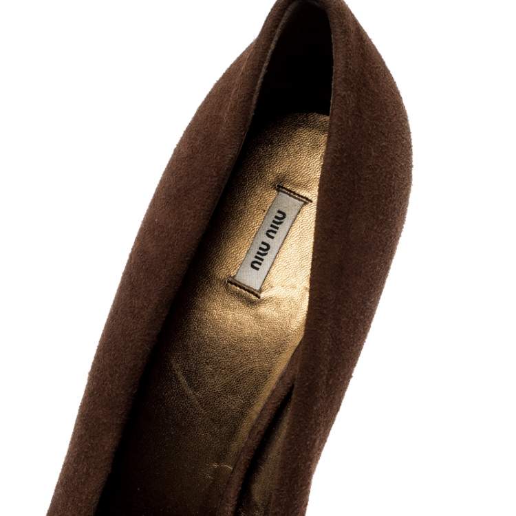 Pre Owned Miu Miu Brown Suede Peep Toe Wedges Pumps Size 39