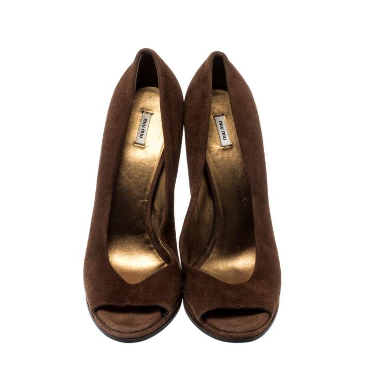 Pre Owned Miu Miu Brown Suede Peep Toe Wedges Pumps Size 39