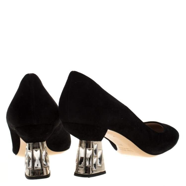 Pre Owned Miu Miu Black Suede Embellished Heel Pumps Size 39