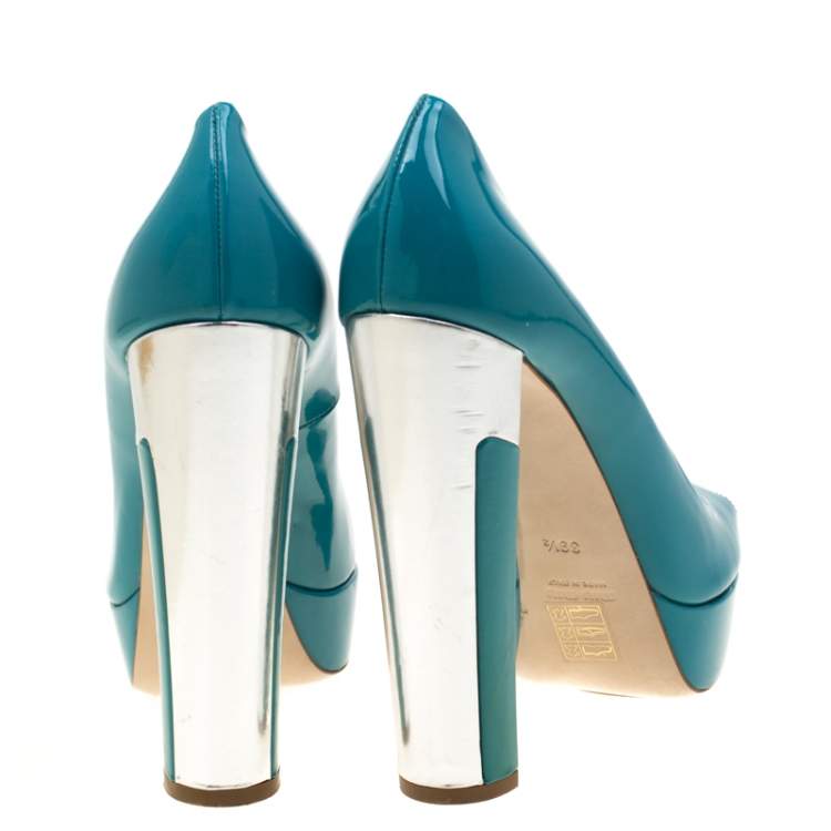 Pre Owned Miu Miu Blue Patent Leather Peep Toe Platform Pumps Size 39.5