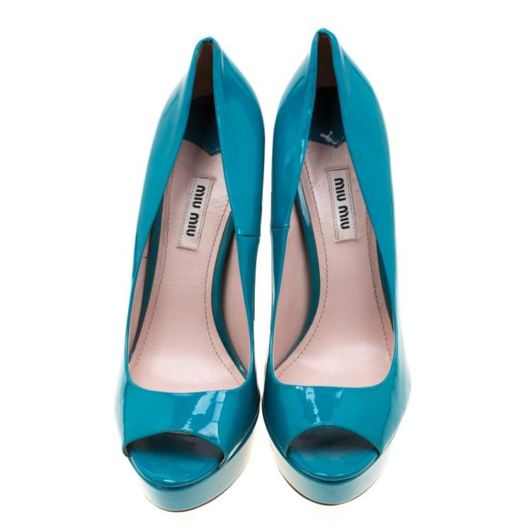 Pre Owned Miu Miu Blue Patent Leather Peep Toe Platform Pumps Size 39.5