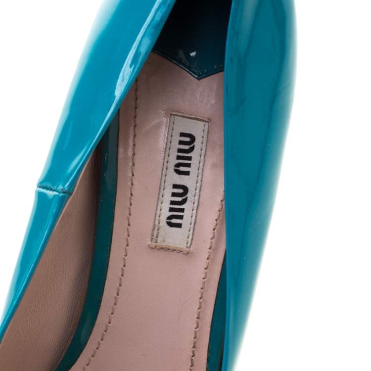 Pre Owned Miu Miu Blue Patent Leather Peep Toe Platform Pumps Size 39.5
