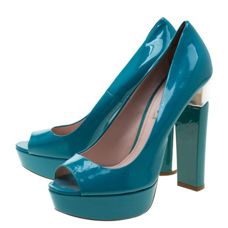 Pre Owned Miu Miu Blue Patent Leather Peep Toe Platform Pumps Size 39.5