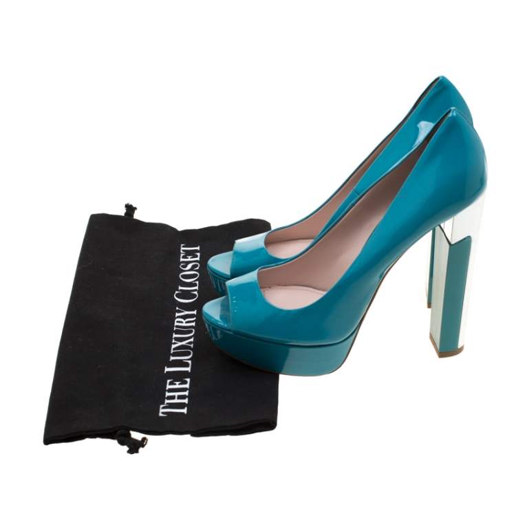 Pre Owned Miu Miu Blue Patent Leather Peep Toe Platform Pumps Size 39.5