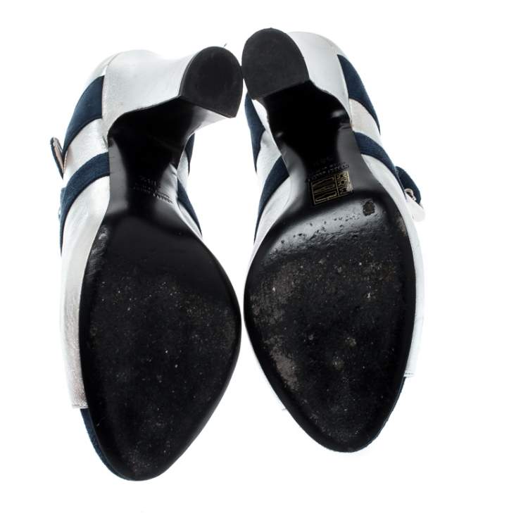 Pre Owned Miu Miu Metallic Silver Leather And Blue Suede Mary Jane Peep Toe Pumps Size 38.5