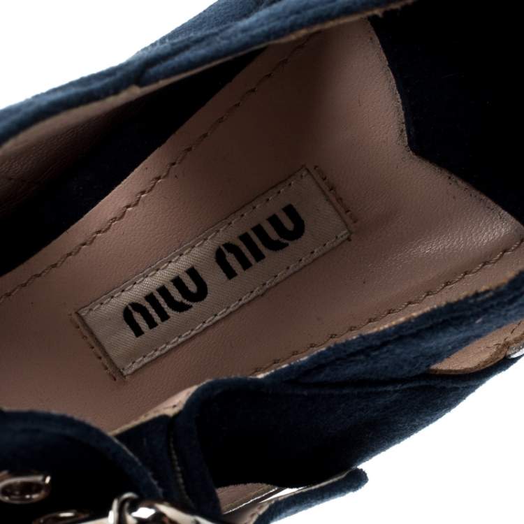 Pre Owned Miu Miu Metallic Silver Leather And Blue Suede Mary Jane Peep Toe Pumps Size 38.5